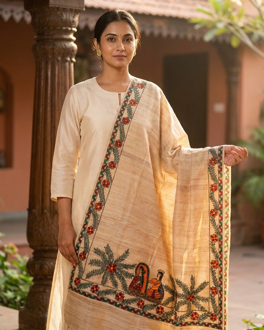 Handmade Madhubani Painting Dupatta Ethnic Wear | Traditional Designer Dupatta for Women