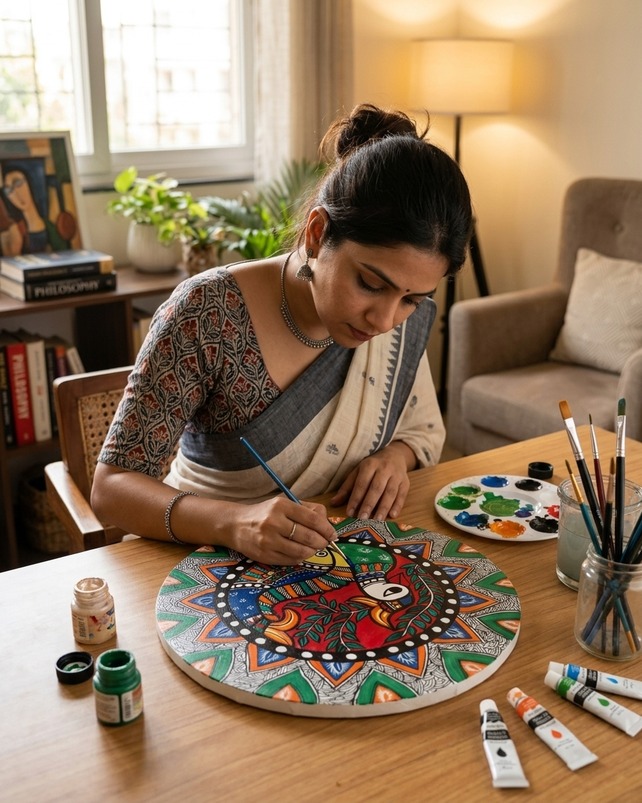 Handmade Peacock Madhubani Painting Wall Art on MDF Board | Traditional Mithila Art Decor