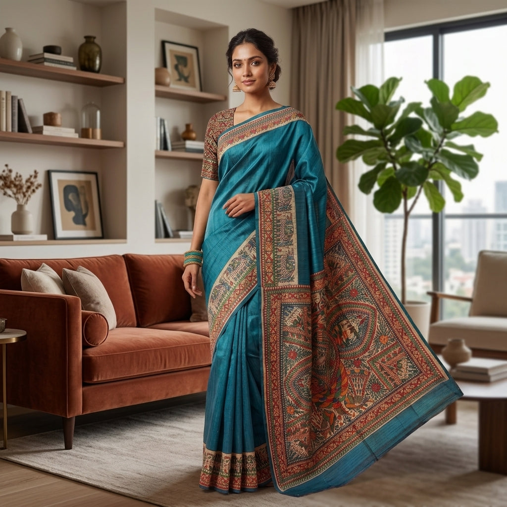 Traditional Blue Handmade Madhubani Painting Saree with Blouse