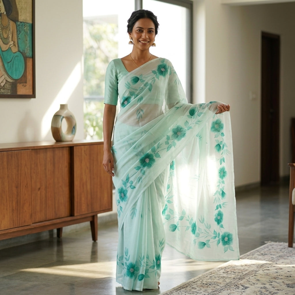 Mint Green Floral Handmade Madhubani Painting Saree with Blouse