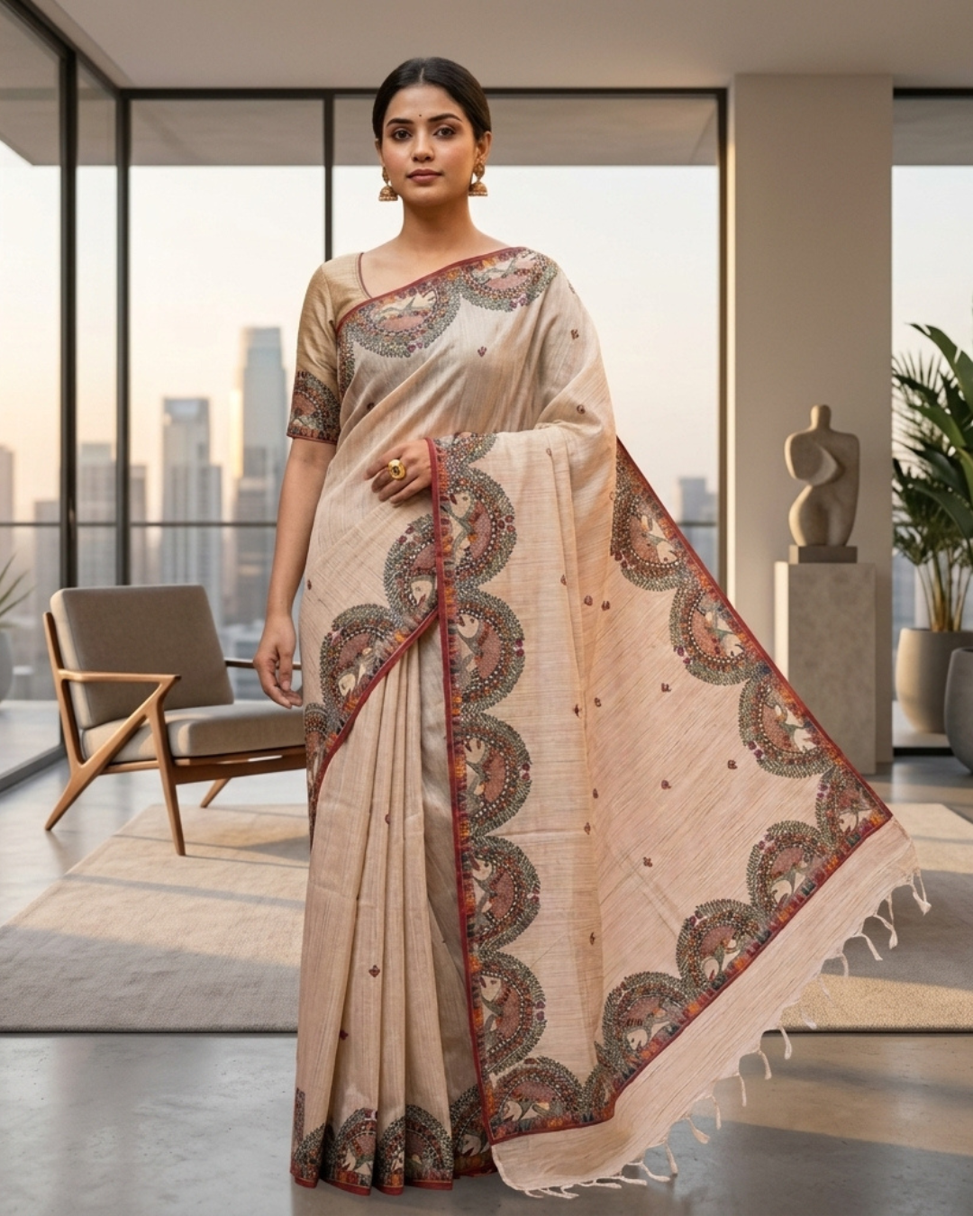 Handmade Madhubani Painting Tussar  Saree with Blouse – Traditional Ethnic Wear for Women